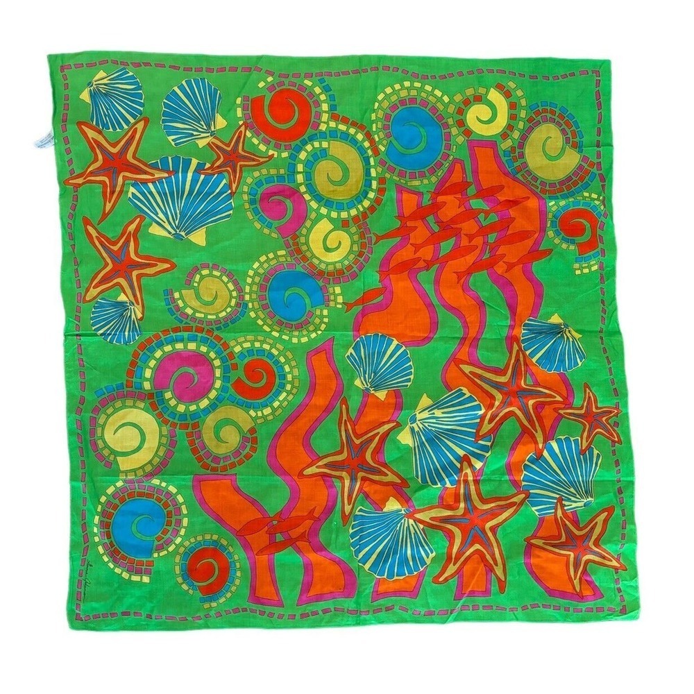 Vintage 1991 Ginnie Johansen Shells Stars Beach Cotton Scarf